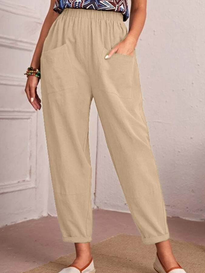 Cotton And Linen Elastic Waist Double Patch Pocket Casual Pants