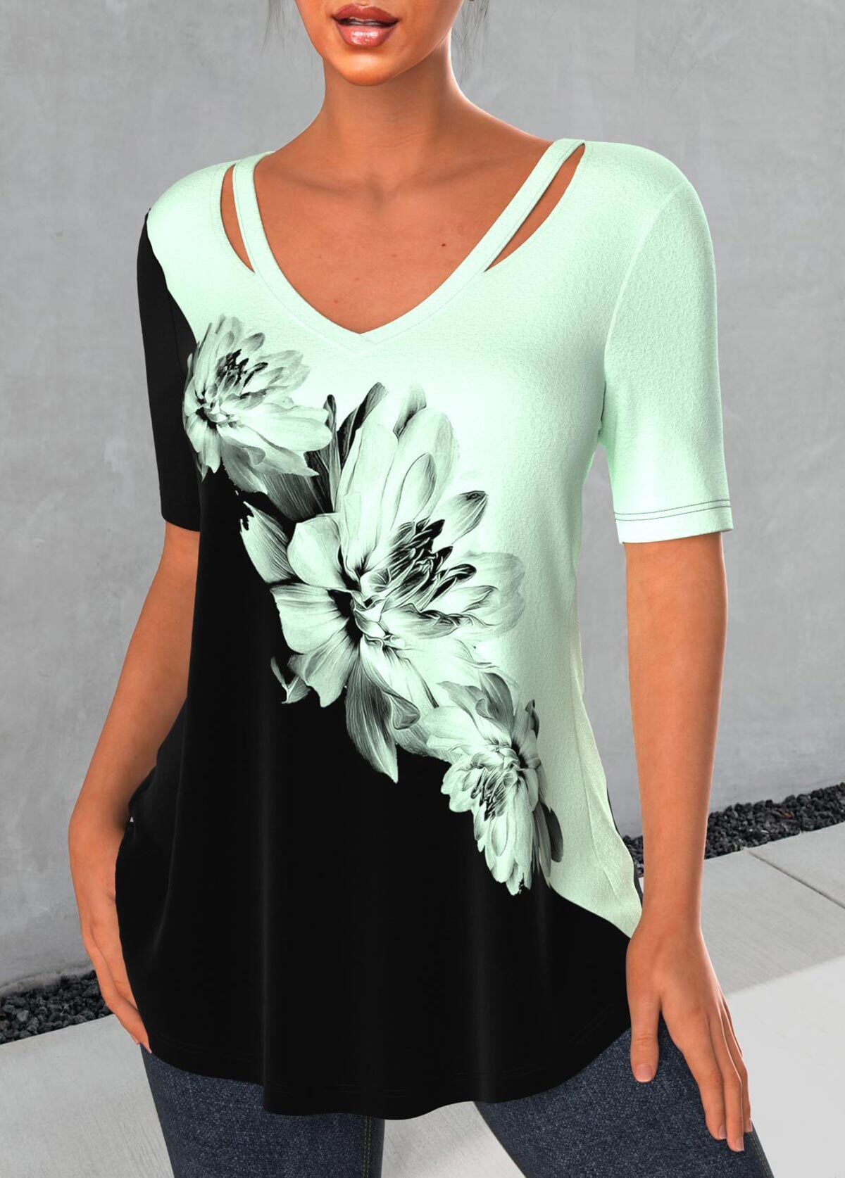 Light Blue Cut Out Floral Print T Shirt