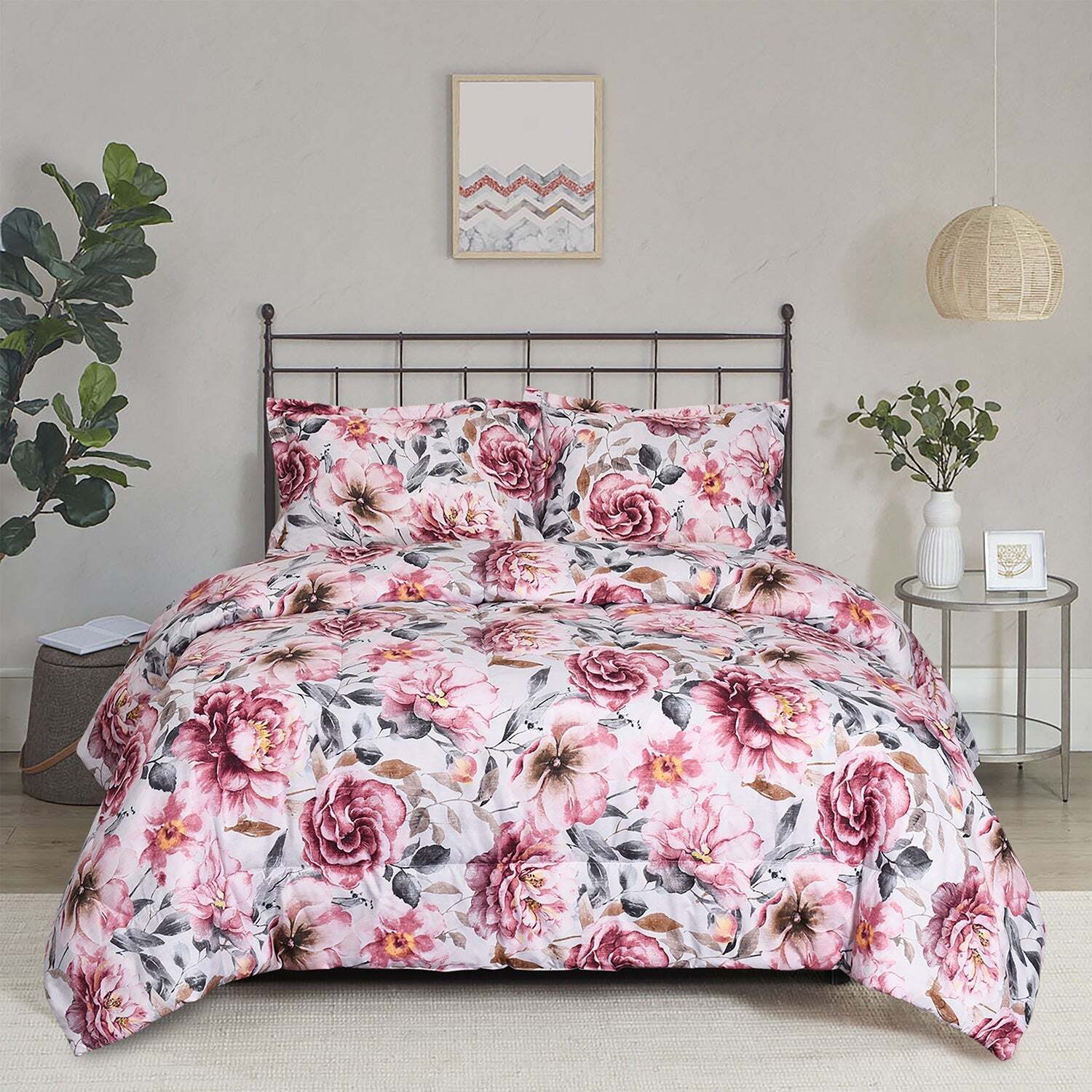 HIG 3 Pieces Botanical Floral Printed Comforter Set with Peony Flowers