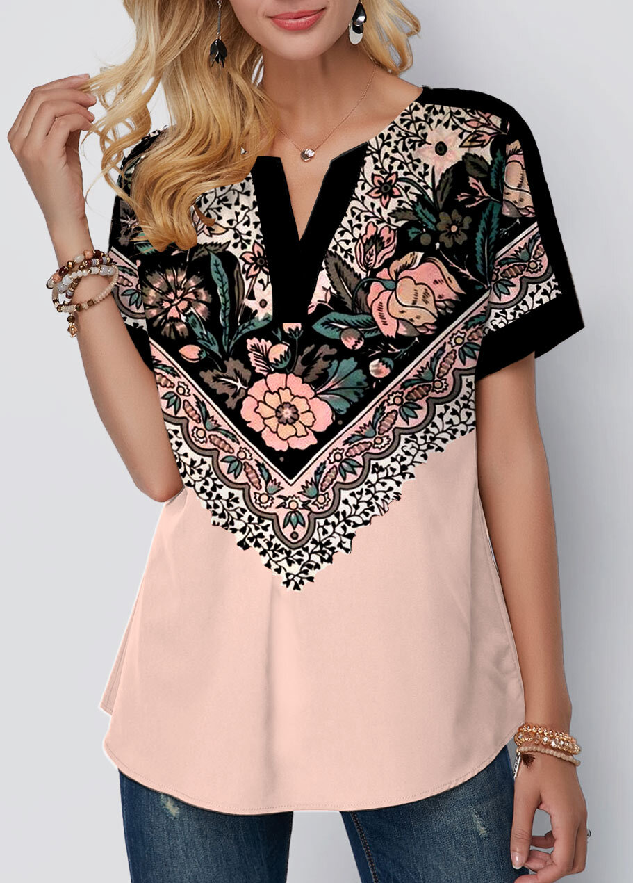 Floral Print White Split Neck T Shirt