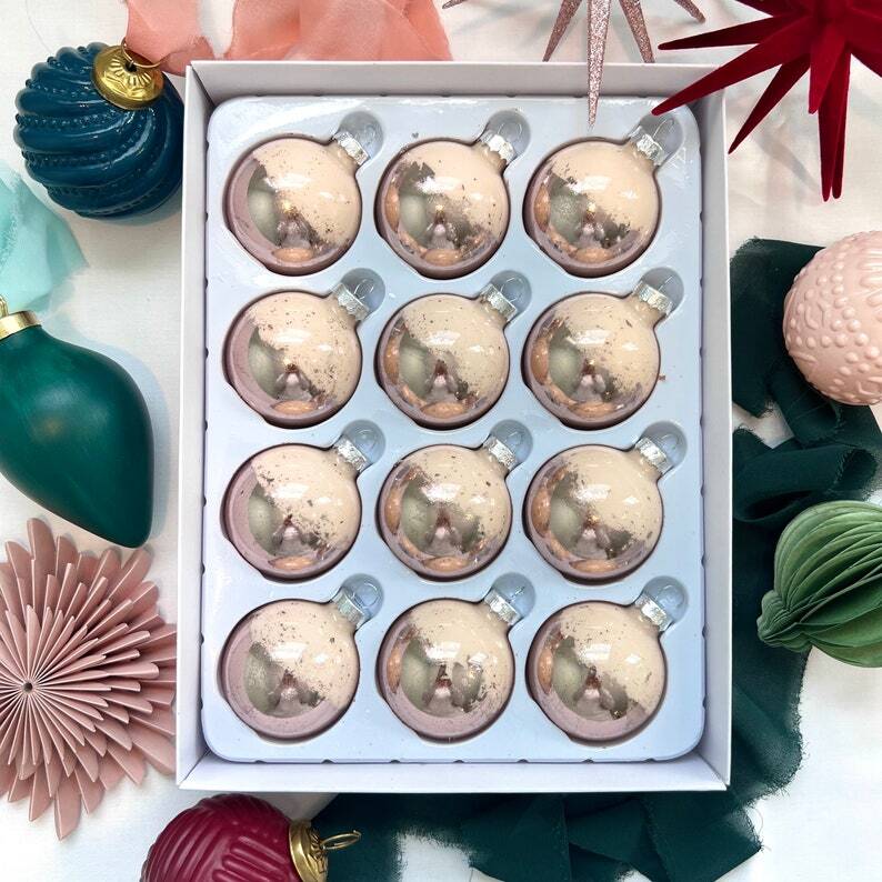 SET OF 12 Christmas Ornaments Sage Green with Gold Leaf “Dipped” Acc