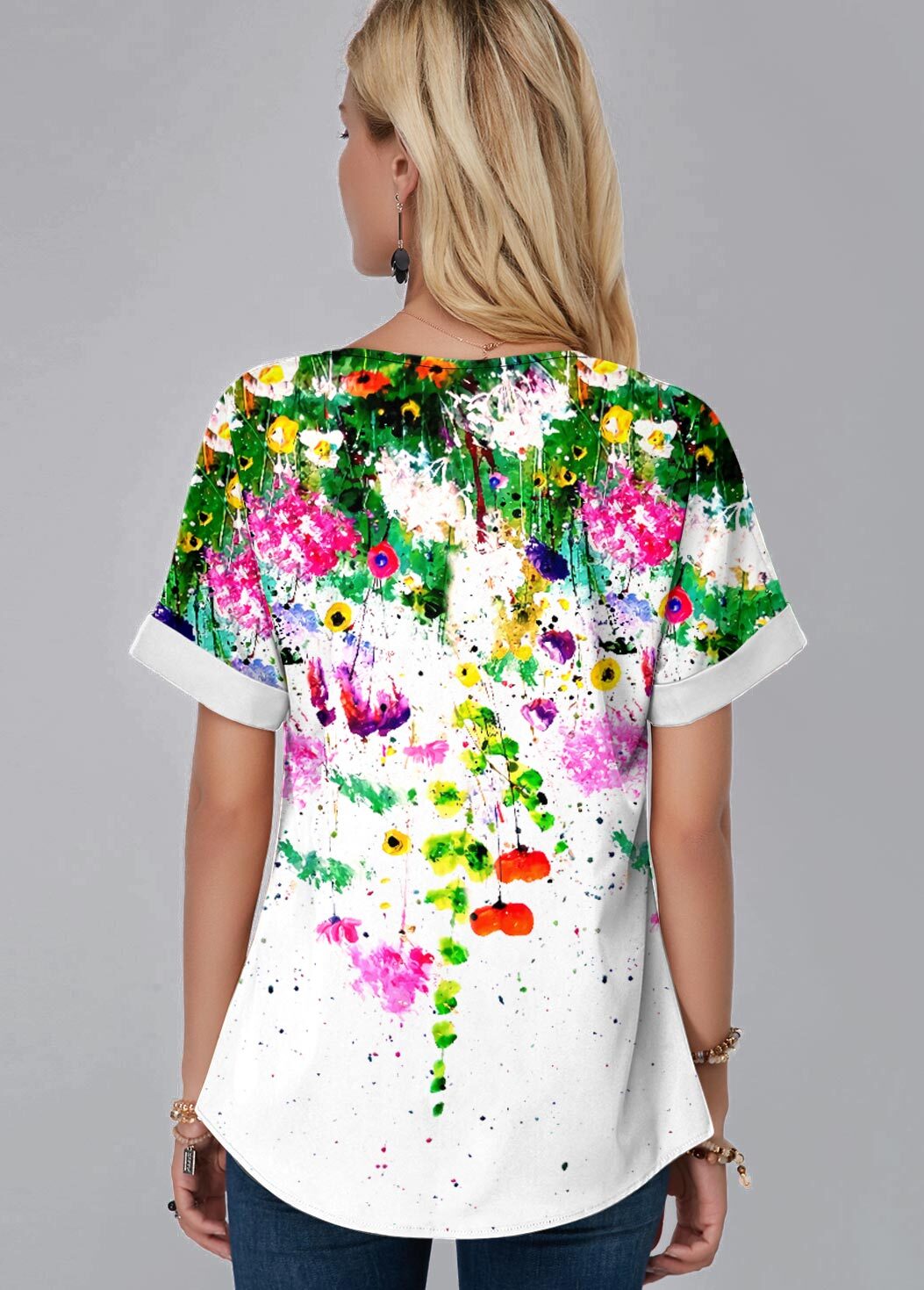 Floral Print White Split Neck T Shirt