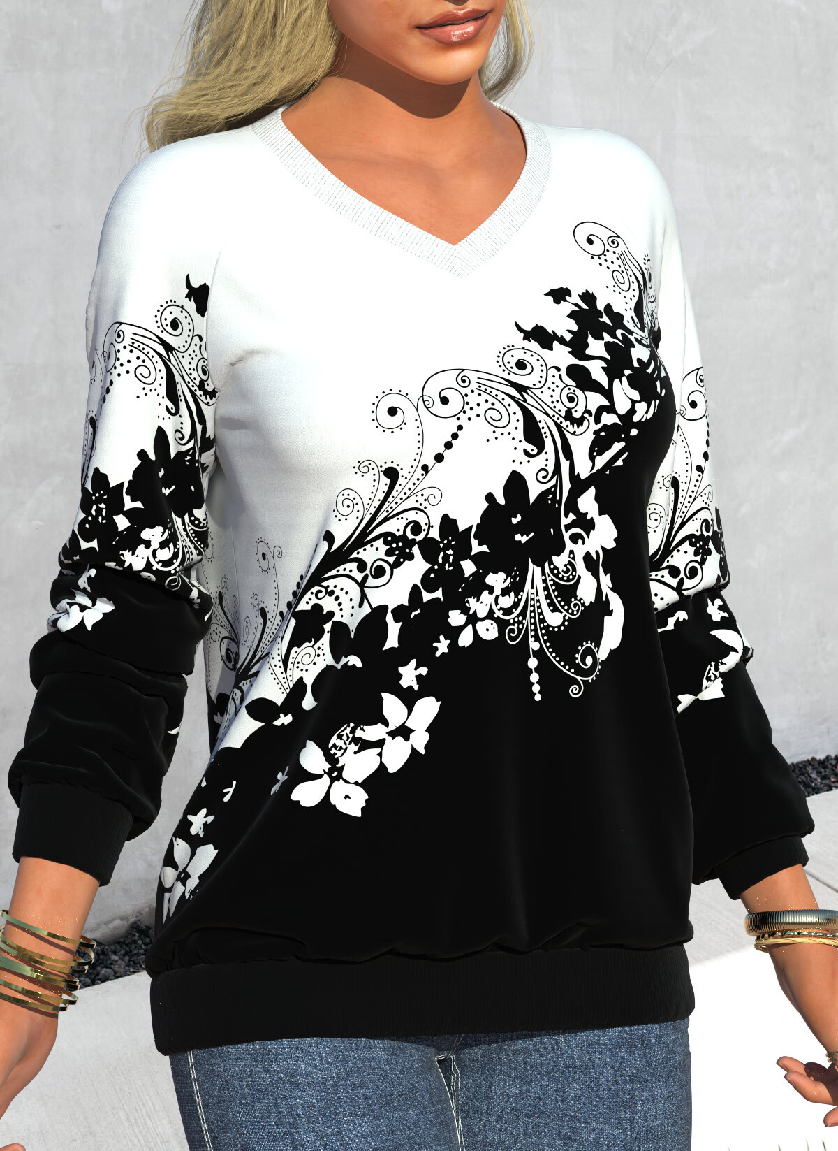 Black Floral Print Long Sleeve V Neck Sweatshirt