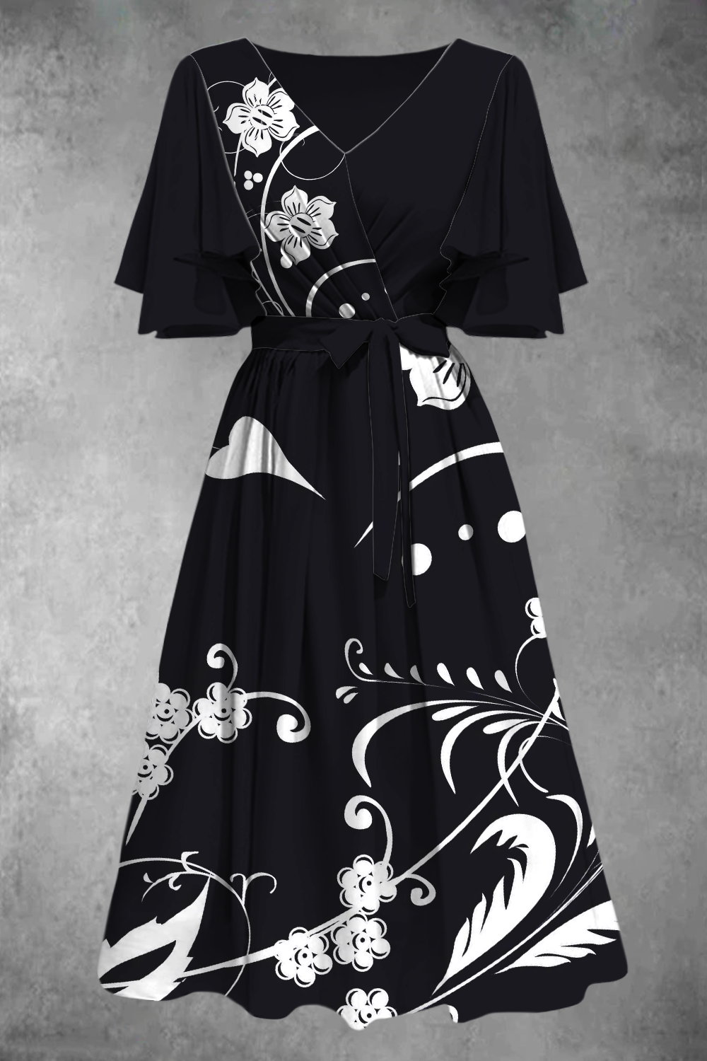 Black & White Delicate Flower Art Print Temperament Slim V-neck Midi Dress