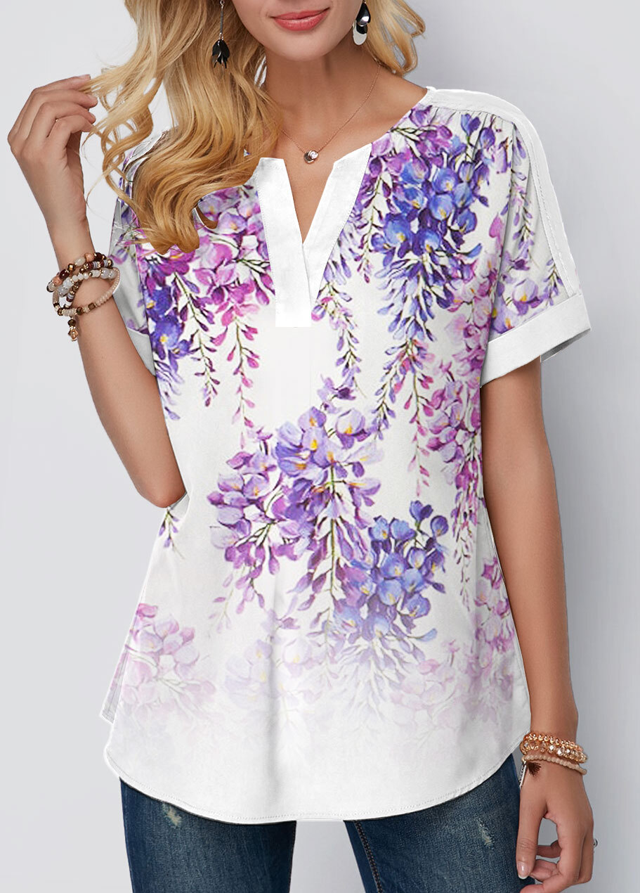 Floral Print White Split Neck T Shirt