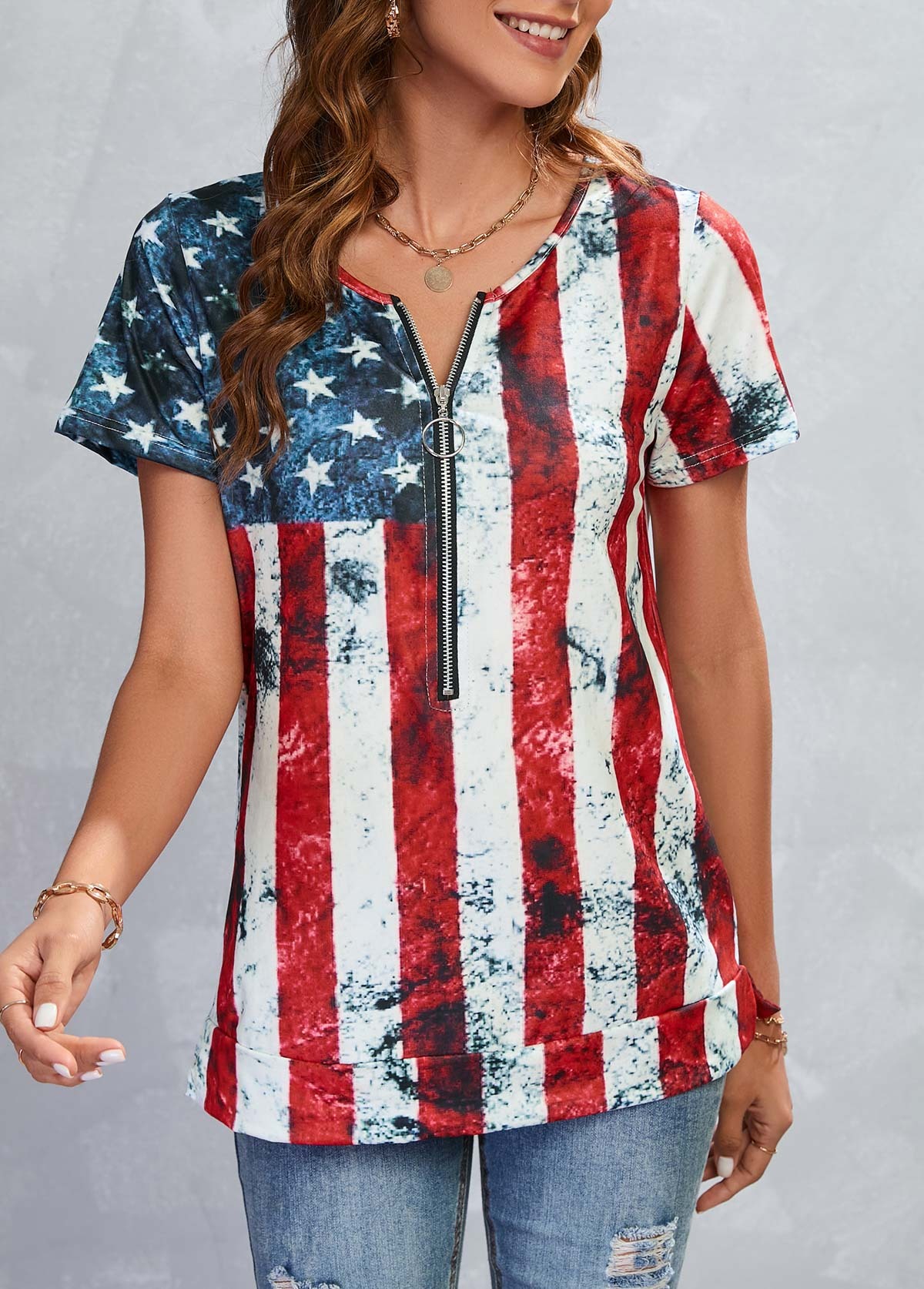 Multi Color Zipper American Flag Print T Shirt