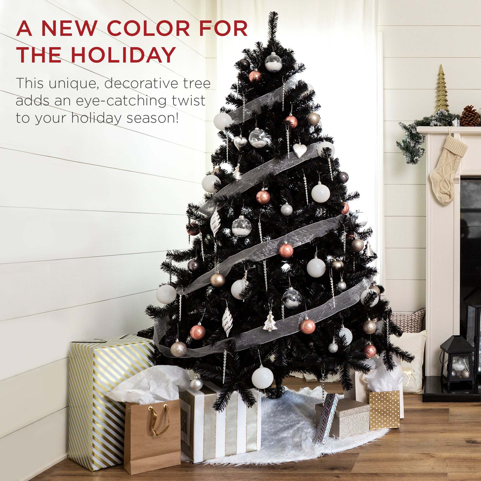 Black Artificial Christmas Tree w/ Easy Assembly, Foldable Metal Stand