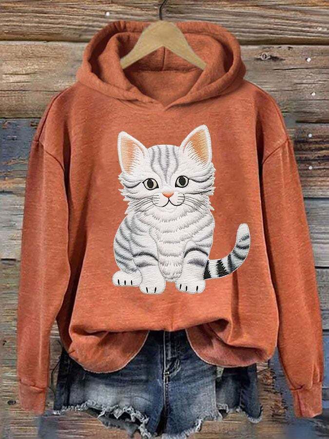 Women's Retro Faux Embroidery Cute Cat Print Hooded Sweatshirt lhr024594