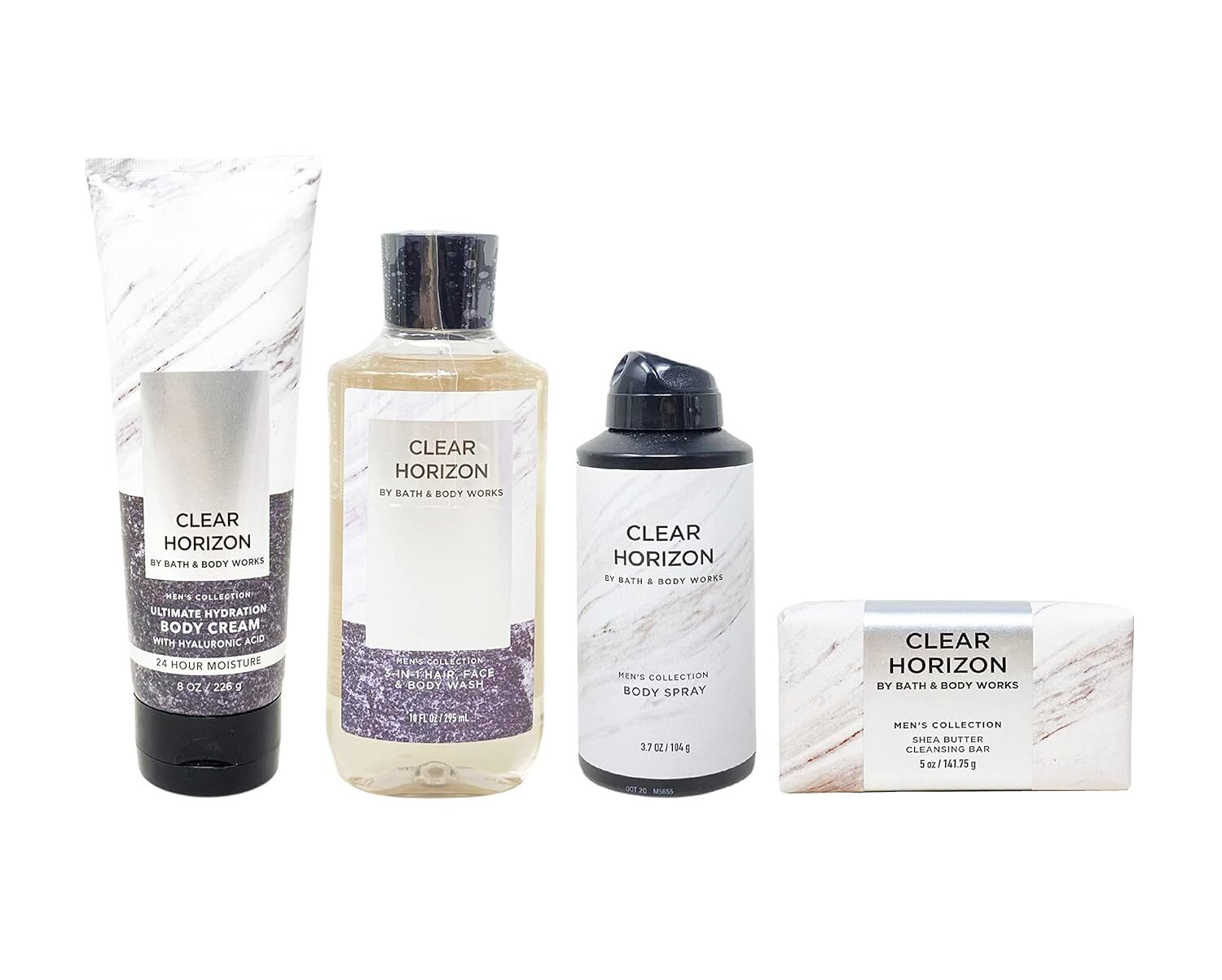 Bath & Body Works Men's Collection Clear Horizon 4 Piece Bundle - Body Cream - 3-in-1 Hair, Face & Body Wash - Body Spray - Cleansing Bar - Full Size