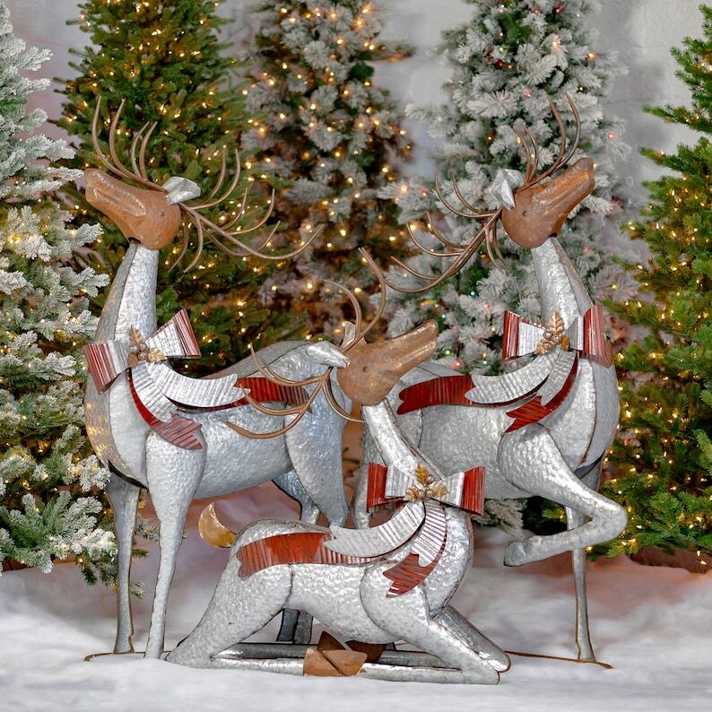 Set of 3 Large Galvanized Reindeer