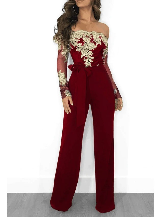 Women's Sexy 2022 Blue Black Wine Jumpsuit Floral Tulle Chiffon Lace / Wide Leg