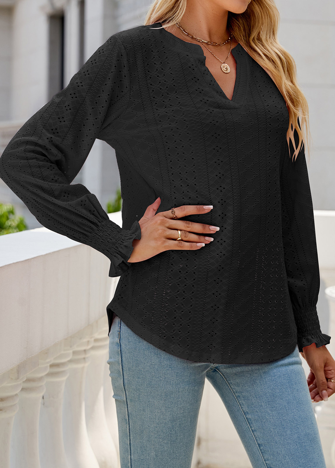 Breathable Neon Violet Split Neck Long Sleeve Blouse