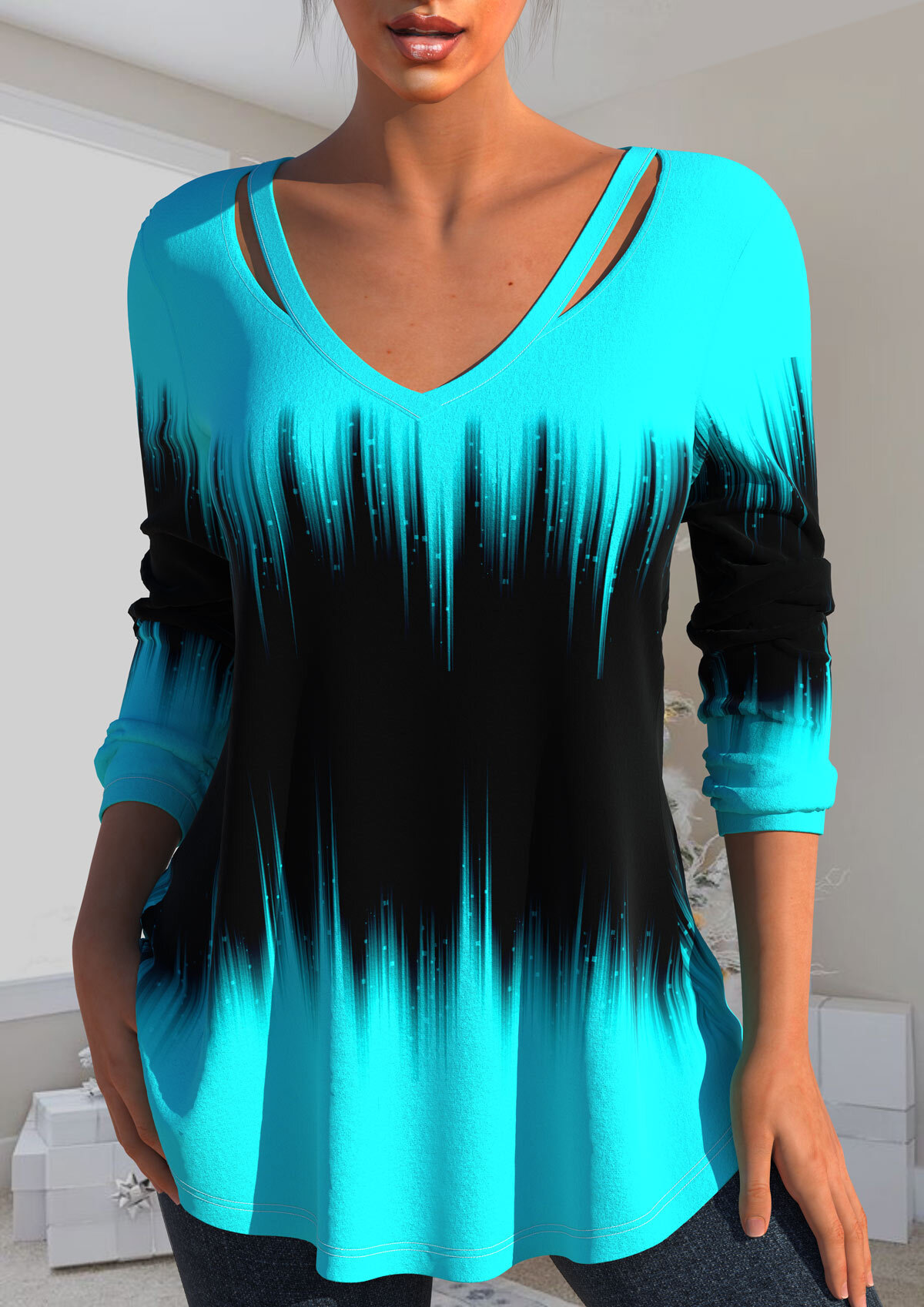 Light Blue Cut Out Floral Print T Shirt
