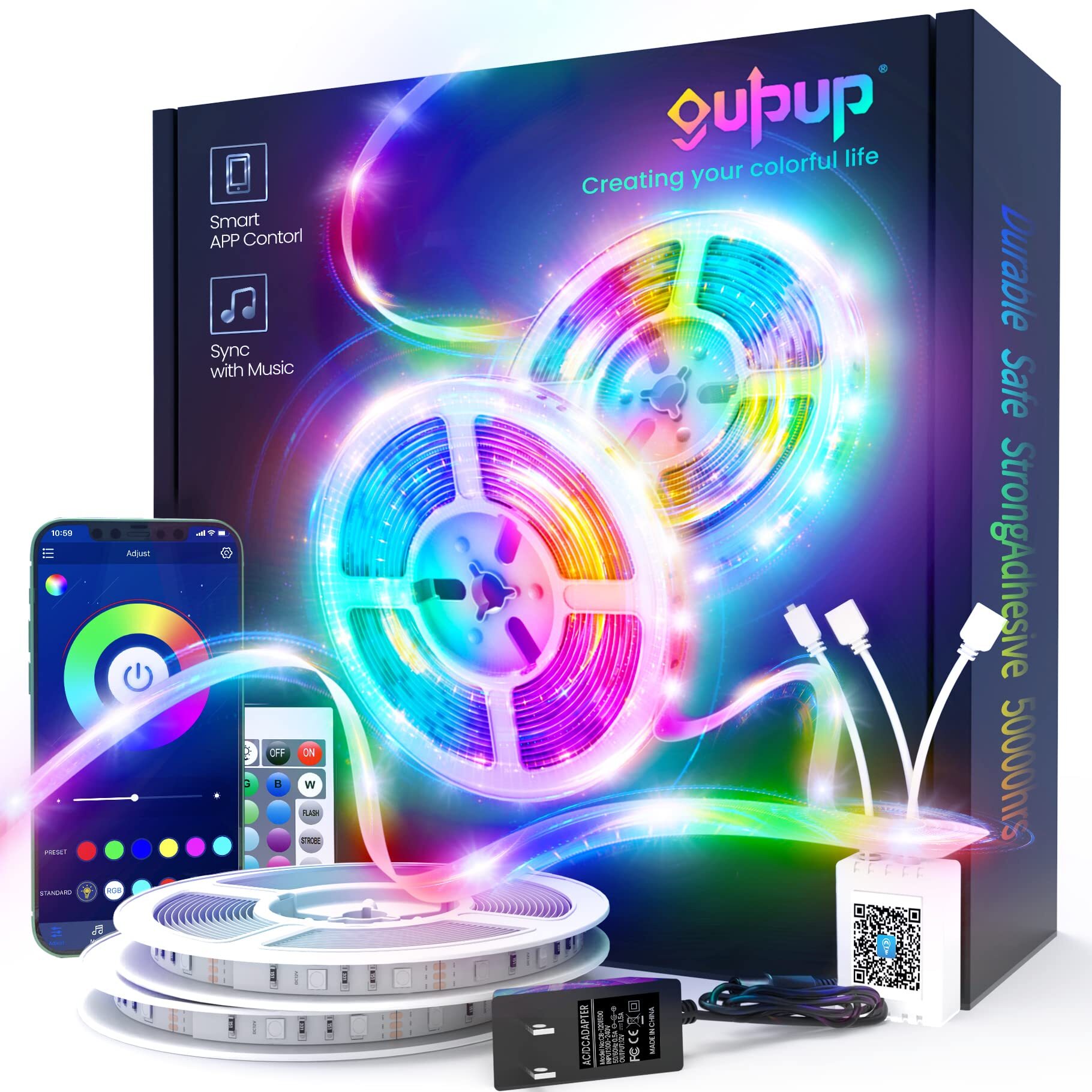 GUPUP 150 feet (about 150 meters) LED light strip, rope light, Bluetooth app control, color changing light strip, light and music synchronization