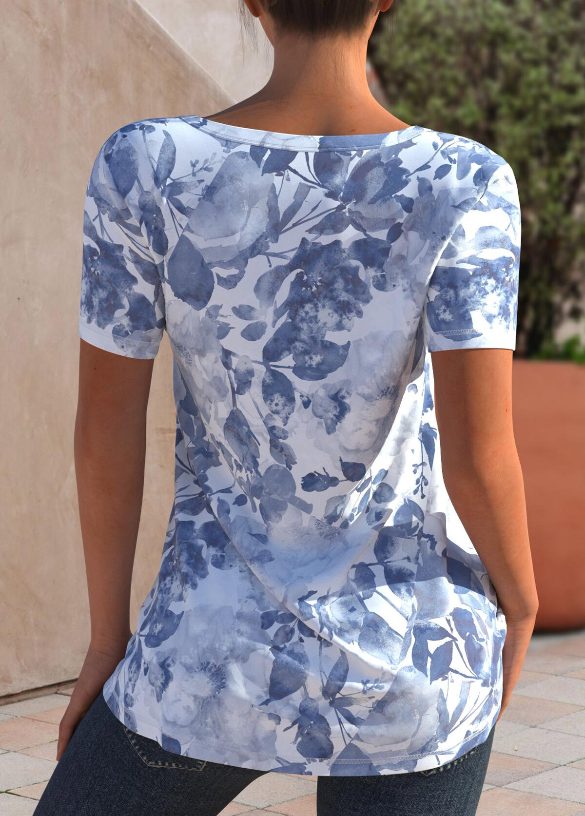 Light Blue Cut Out Floral Print T Shirt