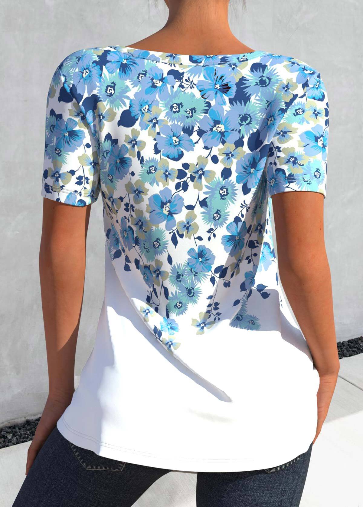 Light Blue Cut Out Floral Print T Shirt