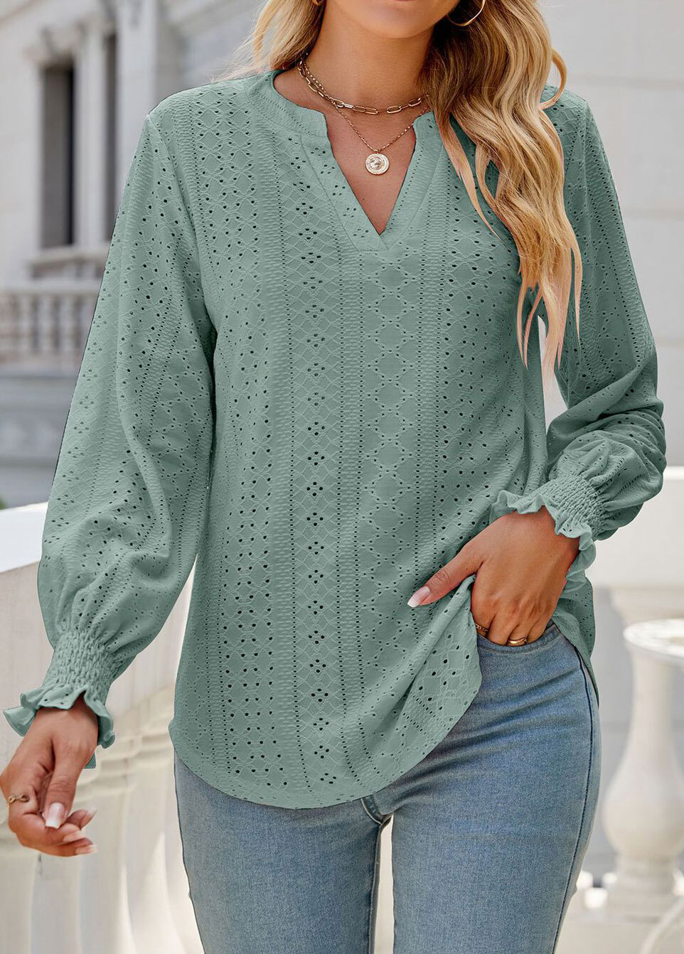 Breathable Neon Violet Split Neck Long Sleeve Blouse
