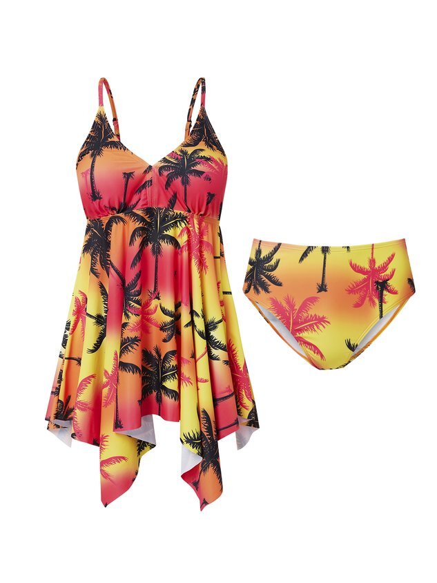 Elegant Floral Printing V Neck Swimdress Two-Piece Set