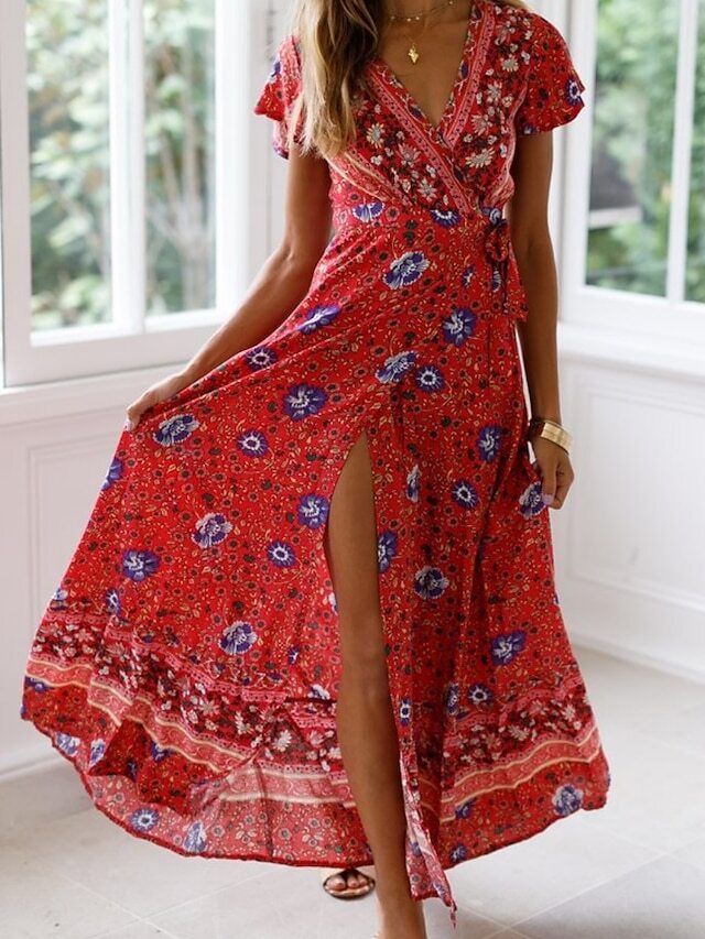 Women's Casual Dress Print Dress Plants Print V Neck Long Dress Maxi Dress Basic Daily Pink Red Blue Summer S M L XL 2XL