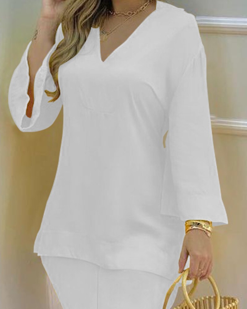 Bell Sleeve V-Neck Casual Top & Pants Set