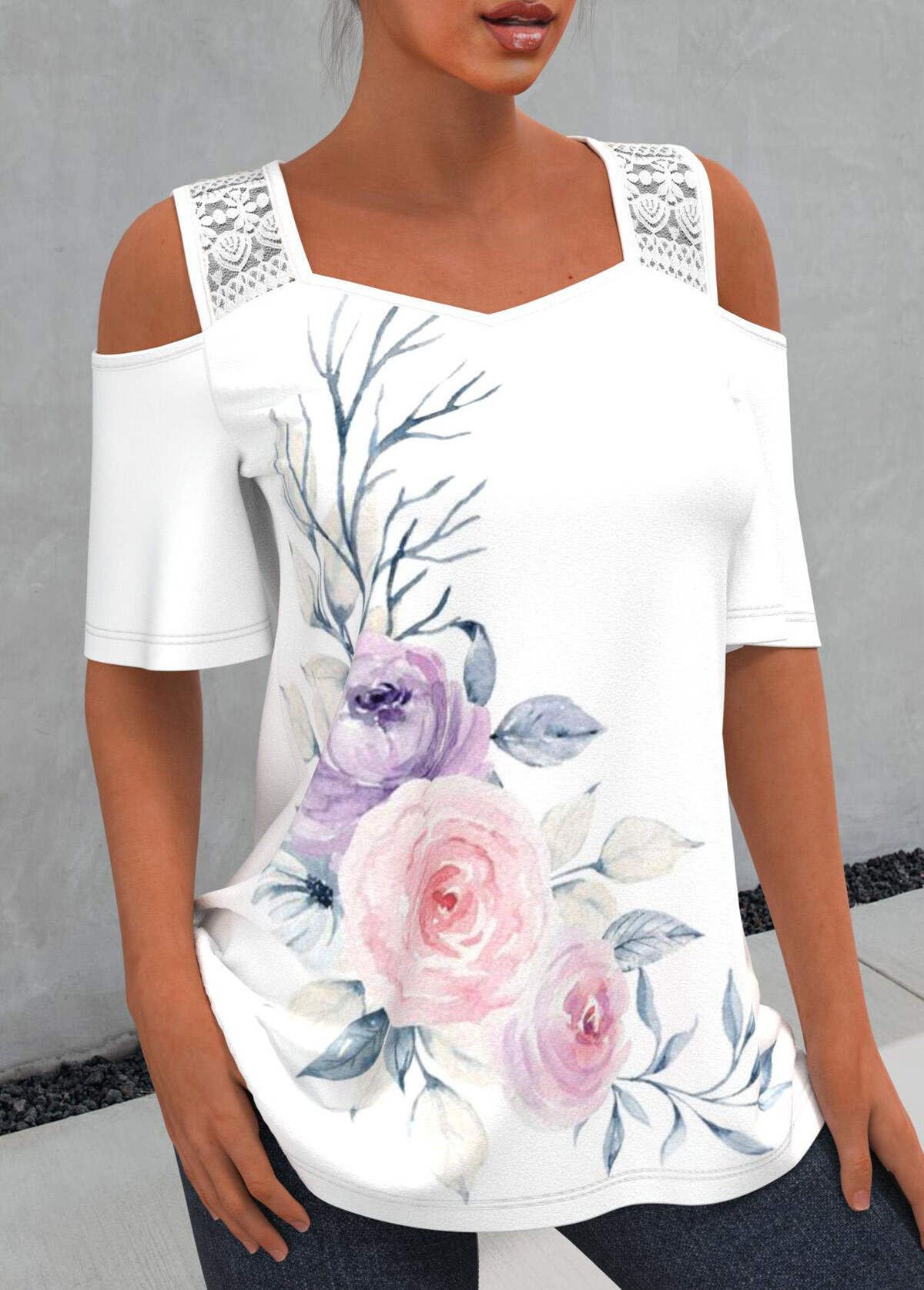 Lace Stitching Floral Print Cold Shoulder T Shirt