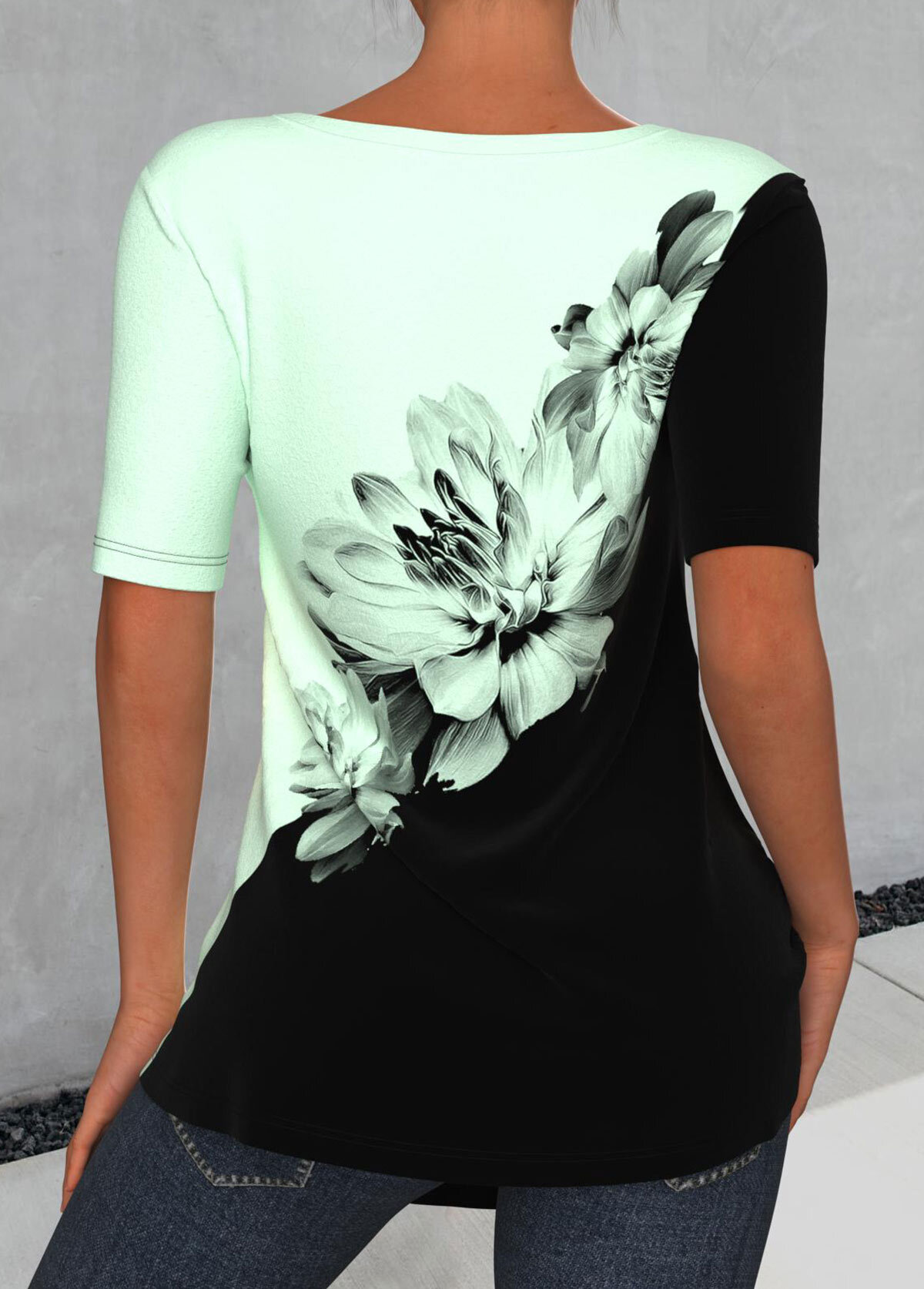 Light Green Floral Print Short Sleeve T Shirt
