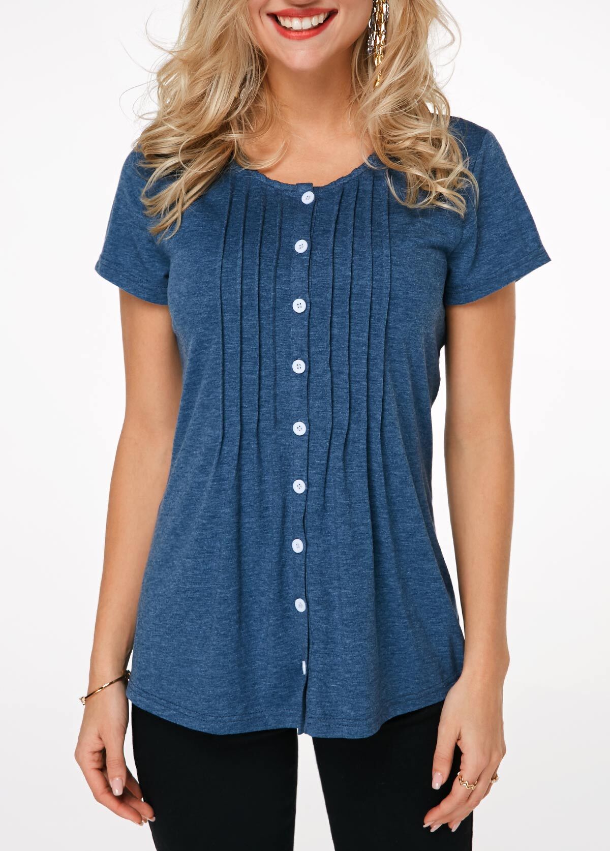 Pleated Button Up Short Sleeve T Shirt