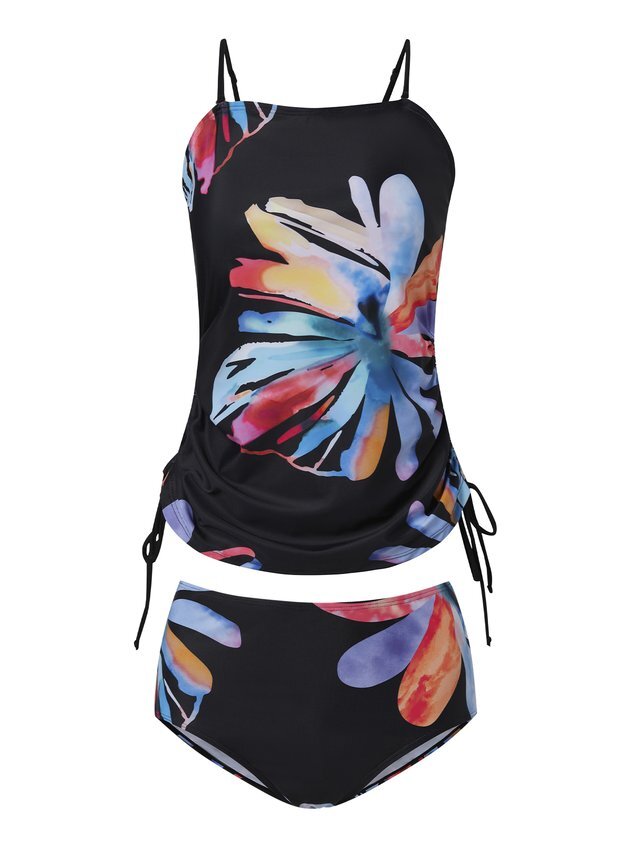 Vacation Floral Printing Scoop Neck Tankinis Two-Piece Set
